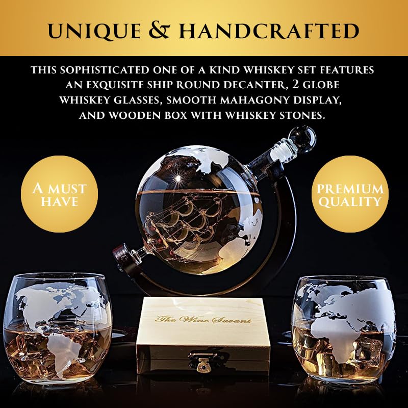 Gifts for Men Dad, Whiskey Decanter Globe Set with Ball & Glasses, Anniversary Birthday Gifts for Him Husband Boyfriend Brother, Unique Valentine Day Gifts for Bourbon Scotch Liquor Vodka, Cool Stuff