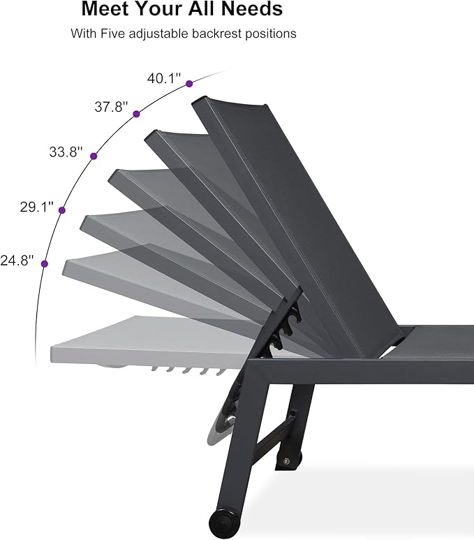 PURPLE LEAF Outdoor Chaise Lounge Set for 2 Oversized Pool Lounge Chairs with Easy-to-Move Wheels and Adjustable Backrest Extra Large Patio Loungers for Poolside Beach Table Included, Charcoal Grey