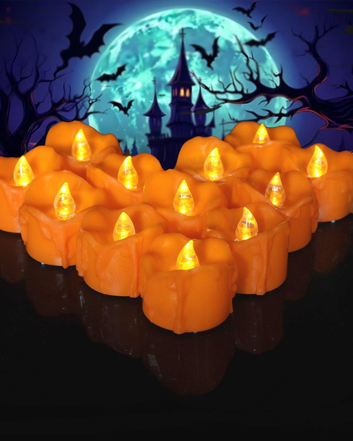 ONEIHOMM Halloween Orange Timer Tealights, Flameless Flickering Melting Candles Battery Operated, Fall Tea Lights for Gothic Wedding Home Decor (12PCS)