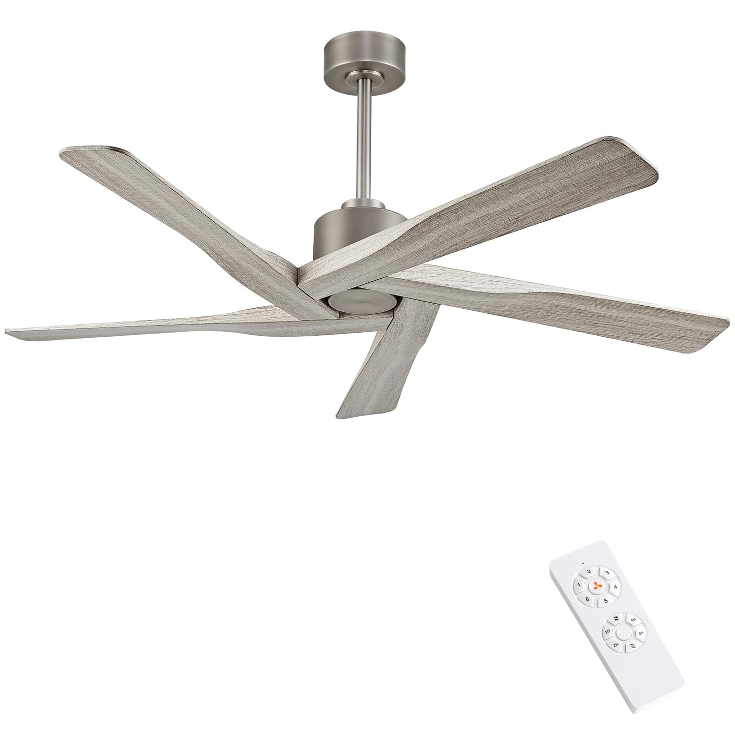 WINGBO 54" ABS DC Ceiling Fan No Light, 5 Blade Wood Grain ABS Ceiling Fan with Remote, 6-Speed Reversible DC Motor, Ceiling Fans without Light for Kitchen Bedroom Living Room, Antique Nickel and Grey