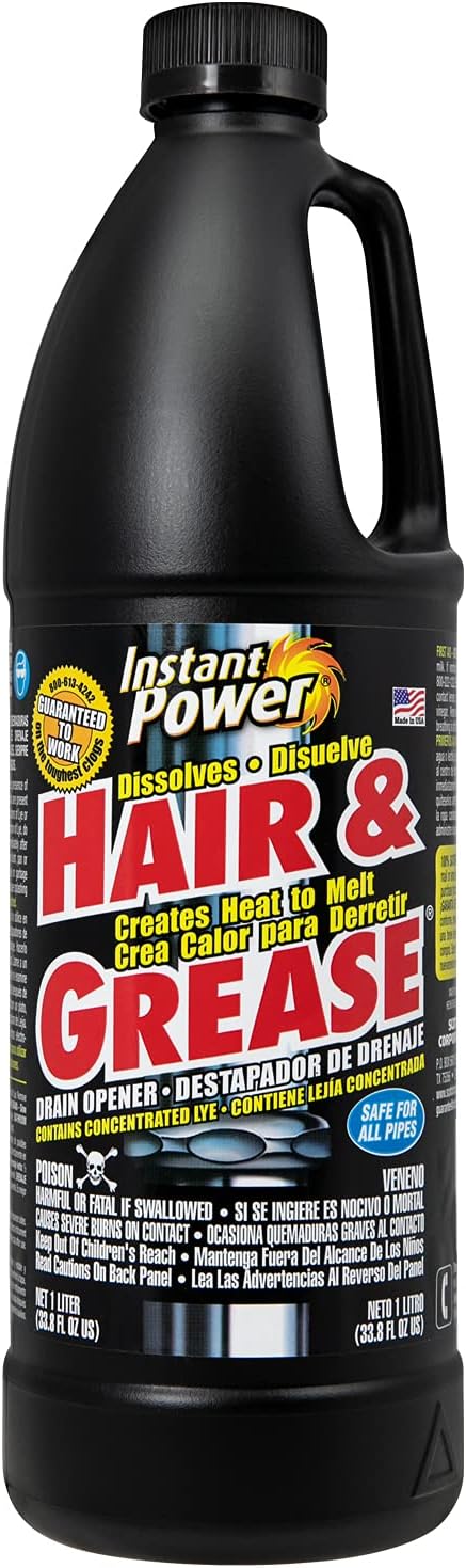 Instant Power Hair and Grease Drain Cleaner - Shower Drain & Sink Cleaner, Liquid Clog Remover, Made in USA, Sink Deodorizer - 1 Liter