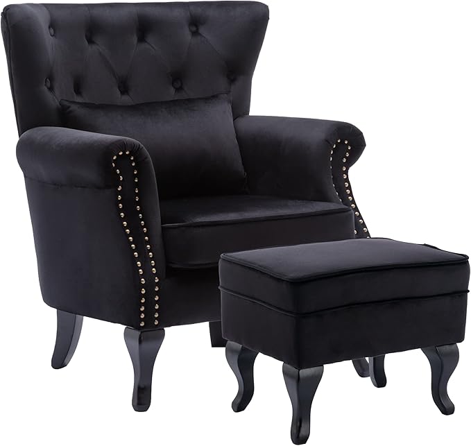 chairus Mid-Century Modern Accent Chair with Ottoman, Comfy Velvet Single Sofa Chair Button Tufted Wingback Armchair with Pillow for Living Room/Bedroom/Club - Black