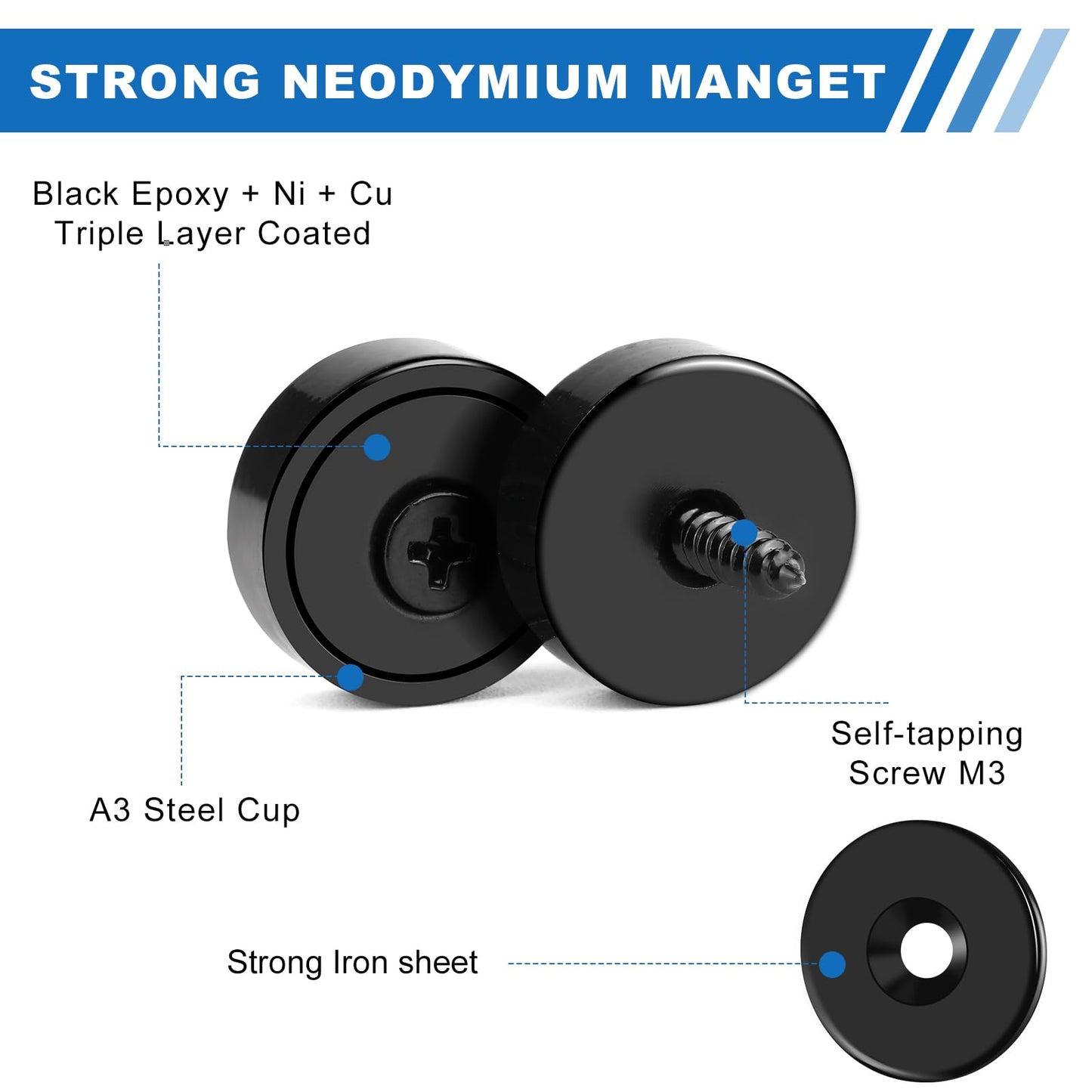 LOVIMAG Cabinet Magnets, 20lbs Rare Earth Magnets, 12Pack Strong Magnet with Holes and Iron Sheet,Neodymium Magnet with Screws for Holding Tools, Door, Magnetic Cabinet Locks-Black,0.63x0.19inch