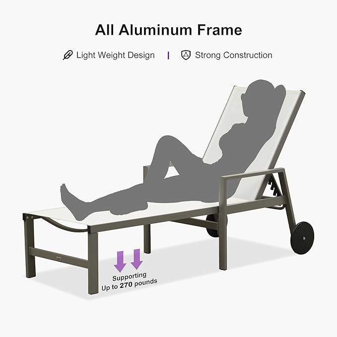 PURPLE LEAF Outdoor Chaise Lounge Set for 2 Aluminum Patio Chaise Lounger Chairs with Armrest and Wheels Adjustable Pool Chaise Lounge Chair for Beach Yard Poolside Table Included, White