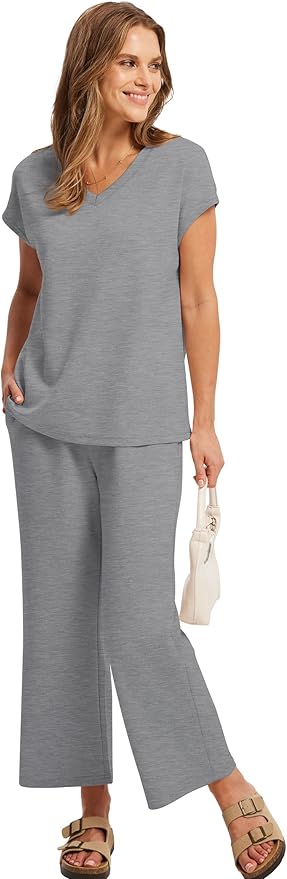 Saloogoe Two Piece Sets for Women Summer Outfits Lounge Sets V Neck Tops Wide Leg Pants Woman Vacation Travel Outfits