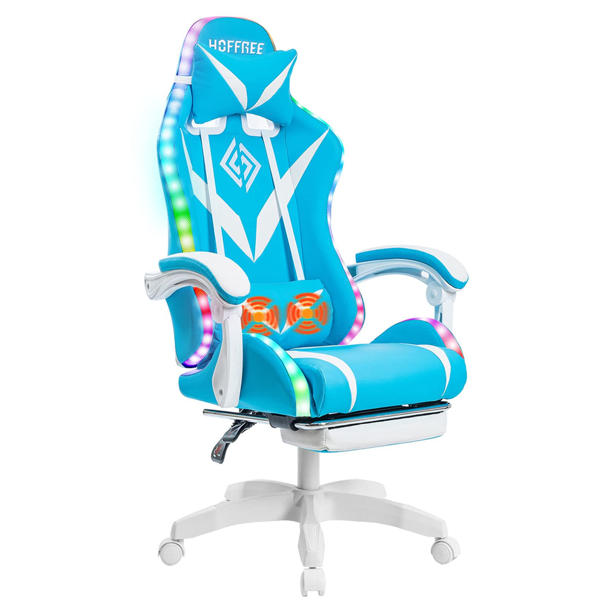 RGB Gaming Chair with LED Lights and Massage Ergonomic Computer Chair Cute with Footrest High Back Video Game Chair with Adjustable Lumbar Support Linkage Armrest Light Blue and White