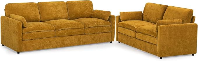 ACMEASE 2 Pieces Chenille Sofa Set w/Throw Pillows, Upholstered Loveseat & 3 Seater Sofa w/Comfortable Back Cushions, Modern 2-Seat & 3-Seat w/High-Density Foam for Living Room, Apartment, Yellow