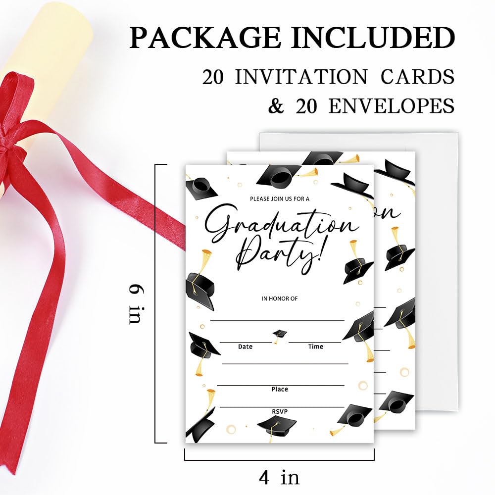YKYENR 4"x6" Graduation Invitation - Graduation Party - Set of 20 with Envelopes College, Masters Graduation Invitation Cards - Hat Pattern Fill Graduation Celebration Invitations - A10