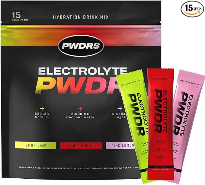 PWDRS Electrolytes | All Natural Electrolyte Packets | Zero Added Sugar | 5,000mg Coconut Water for Fast Hydration | Non-GMO, No Sucralose | 15 Sticks