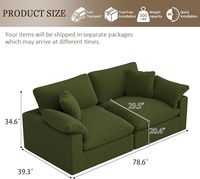 Forest aesthetics Modular Sectional Sofa Cloud Couch,78.6" Down Filled Comfy Cloud Modern Sofa,2 Seater with Green Linen Couch Cushion Covers Removable Furniture for Living Room