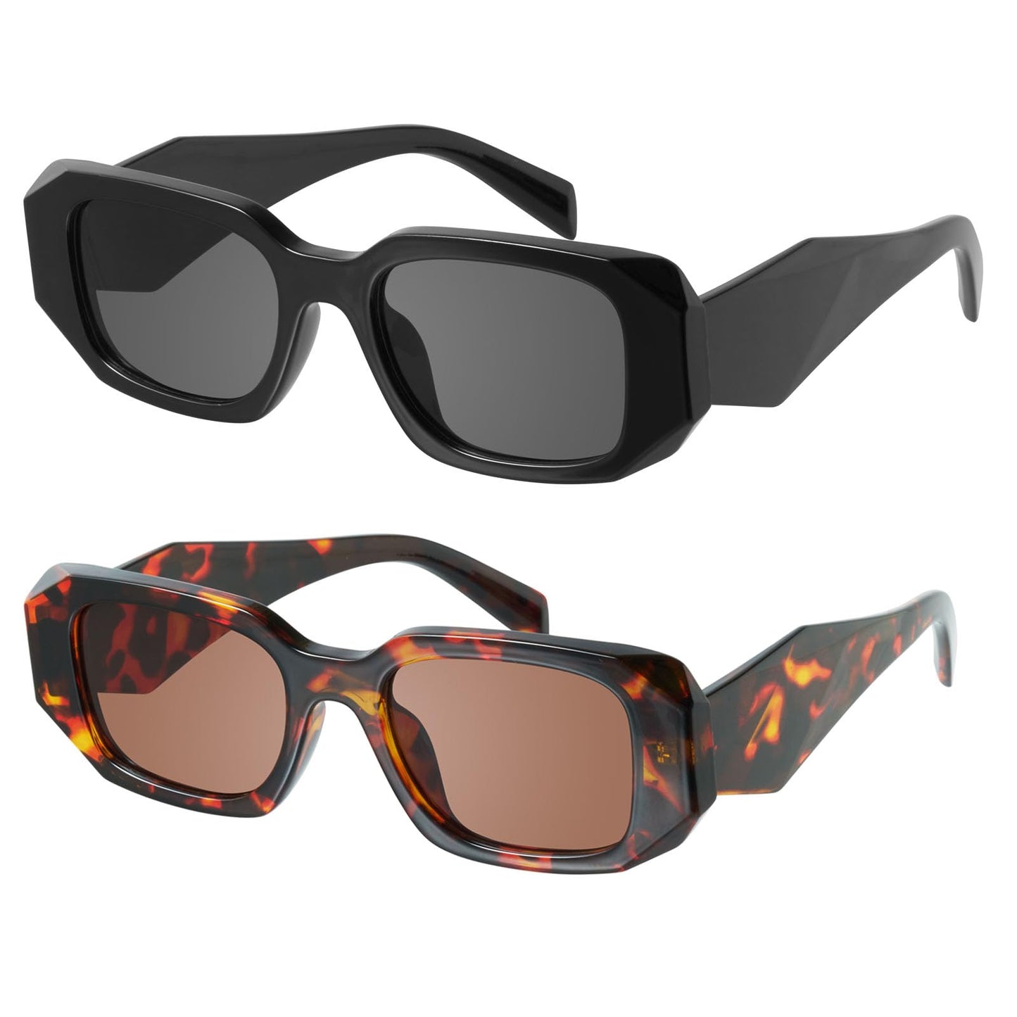 mosanana Trendy Rectangle Sunglasses for Women Men Black Tortoise Shell Retro Fashion Cool 90s Cute Funky Stylish Chunky 2 Pack Goulding
