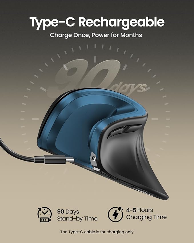 ProtoArc Ergonomic Mouse, EM11 NL Bluetooth Rechargeable Wireless Vertical Mouse, 3 Multi-Device Connectivity for Computer/PC/Laptop, 2.4GHz USB-A Optical Mice for Windows, Mac OS, Blue