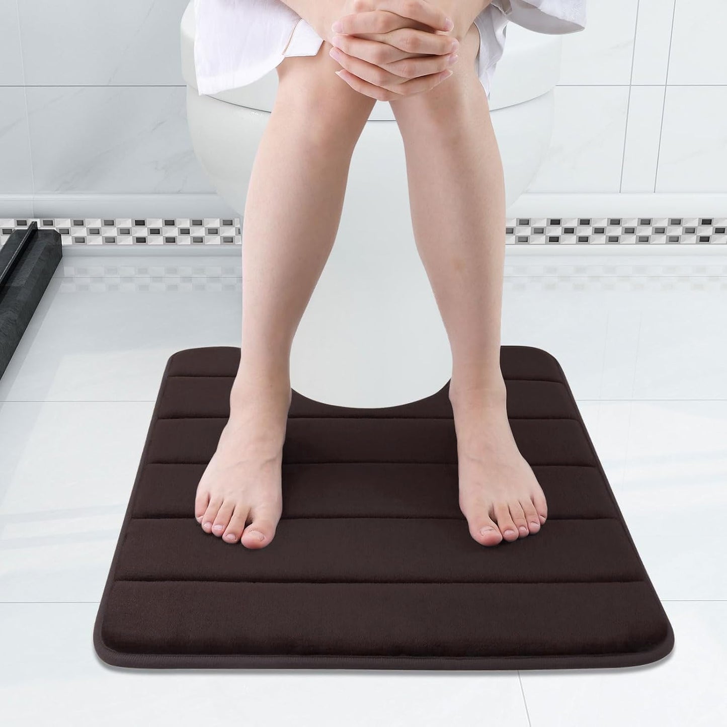 Buganda Memory Foam U-Shaped Contour Toilet Rugs, Non Slip Absorbent, Thick Soft Washable Bathroom Mat, Floor Carpet Bath Rugs Mat for Toilet Base (24" x 20", Brown)