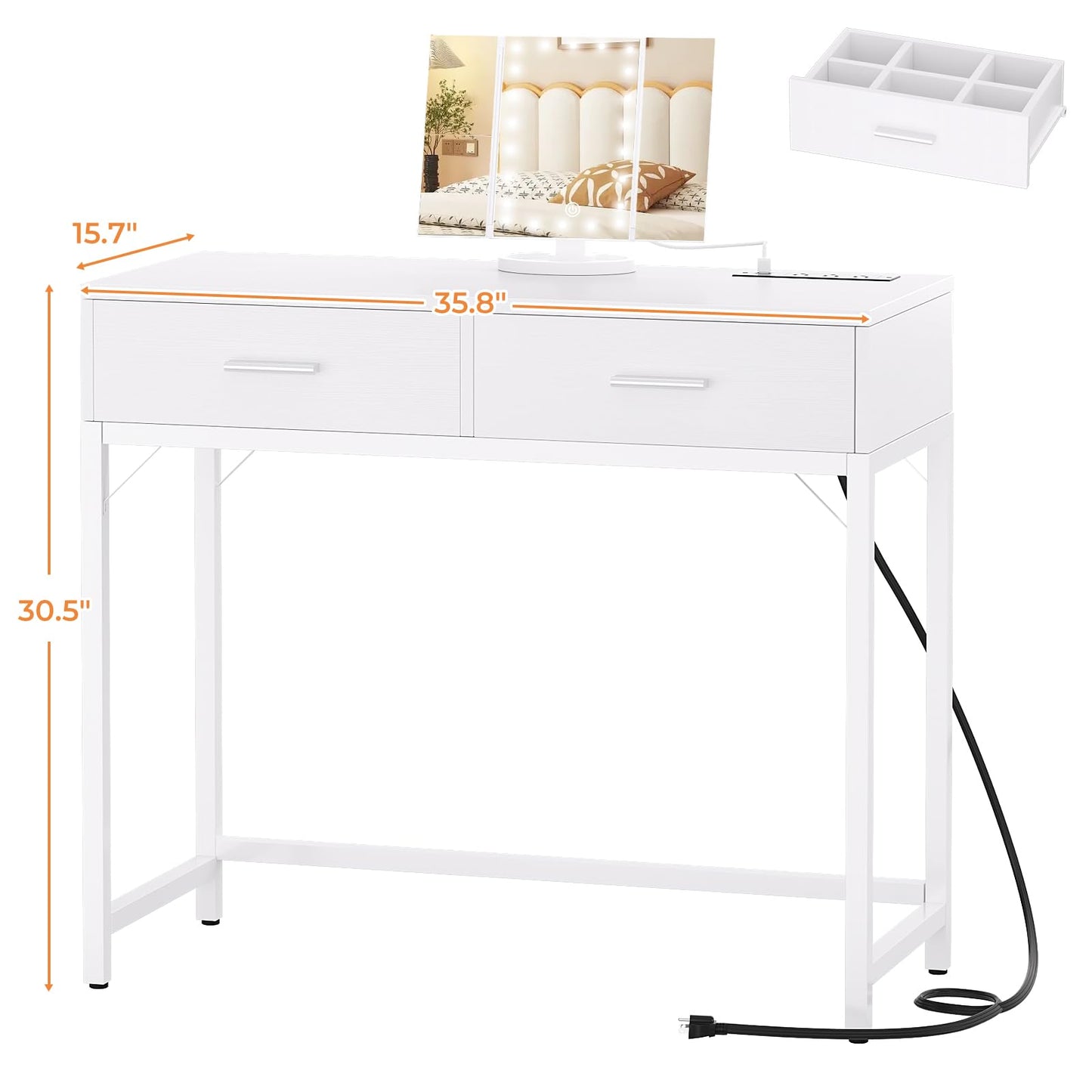 Cyclysio Vanity Desk with Mirror and Lights, 36'' Makeup Vanity Desk with Power Outlet, Small Vanities Set Dressing Table with Drawers for Bedroom, White