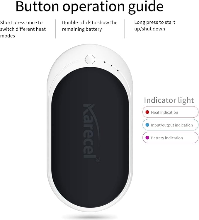 Karecel Hand Warmer Rechargeable, 5200mAh Electric Hand Warmer & Power Bank, Double-Sided Heating, USB Quick Charge, Portable Pocket Heater Handwarmer for Women Mens Gifts, Camping, Winter Sports