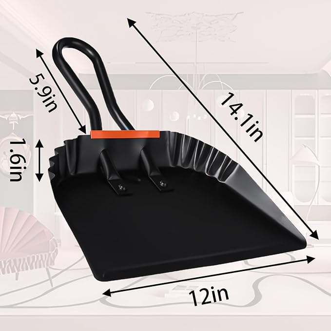 2 Pcs Black Metal Dustpan, 12 Inch Heavy Duty Steel Dust Pan with Handle Handheld Dustpan Wide Scooper for Indoor, Outdoor, Fireplace, Industrial and Commercial Use