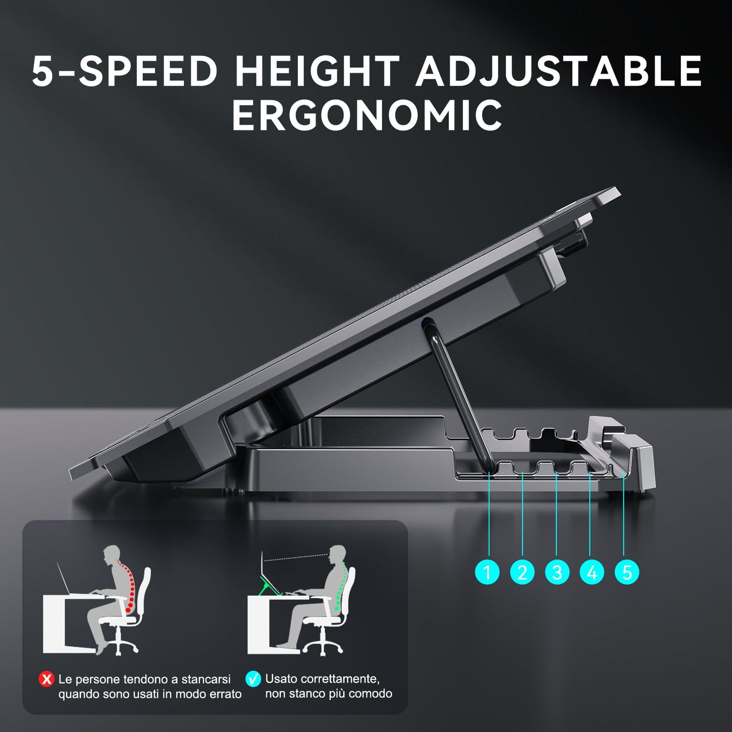 Kyolly Ultra Slim Laptop Cooling Pad With 2 Quiet Big Fans, 5 Height Adjustable Ergonomic Stand, Portable Cooler For 10-15.6 Inc
