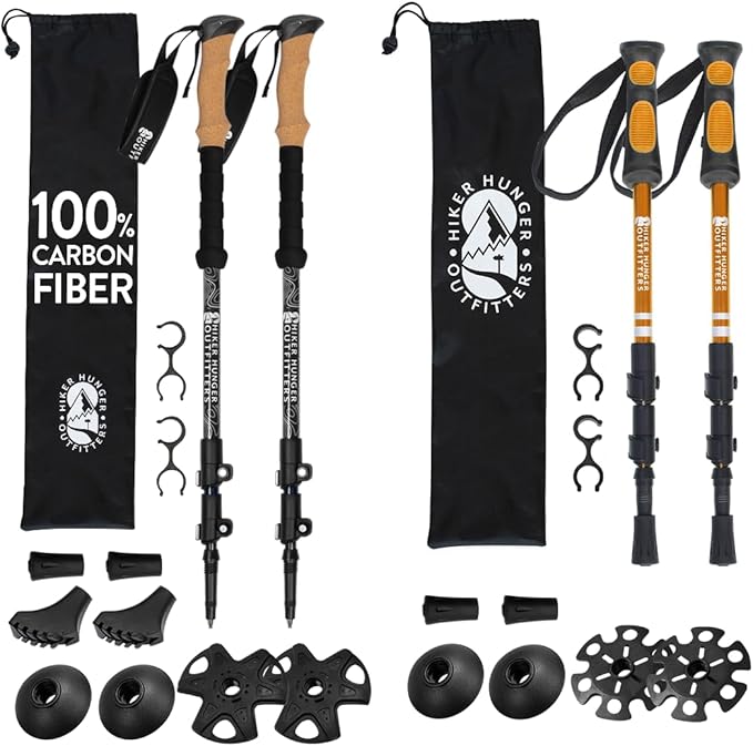 Lightweight Collapsible Trekking Poles for Kids (Orange) & Carbon Fiber Aluminum Walking Sticks with Cork Grips (Black) wi...
