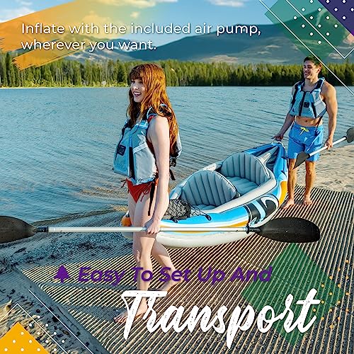 Sunlite Sports 2-Person Inflatable Kayak with Aluminum Oars (136" x 33"), High Output Air Pump and Storage Bag, Double Tan...