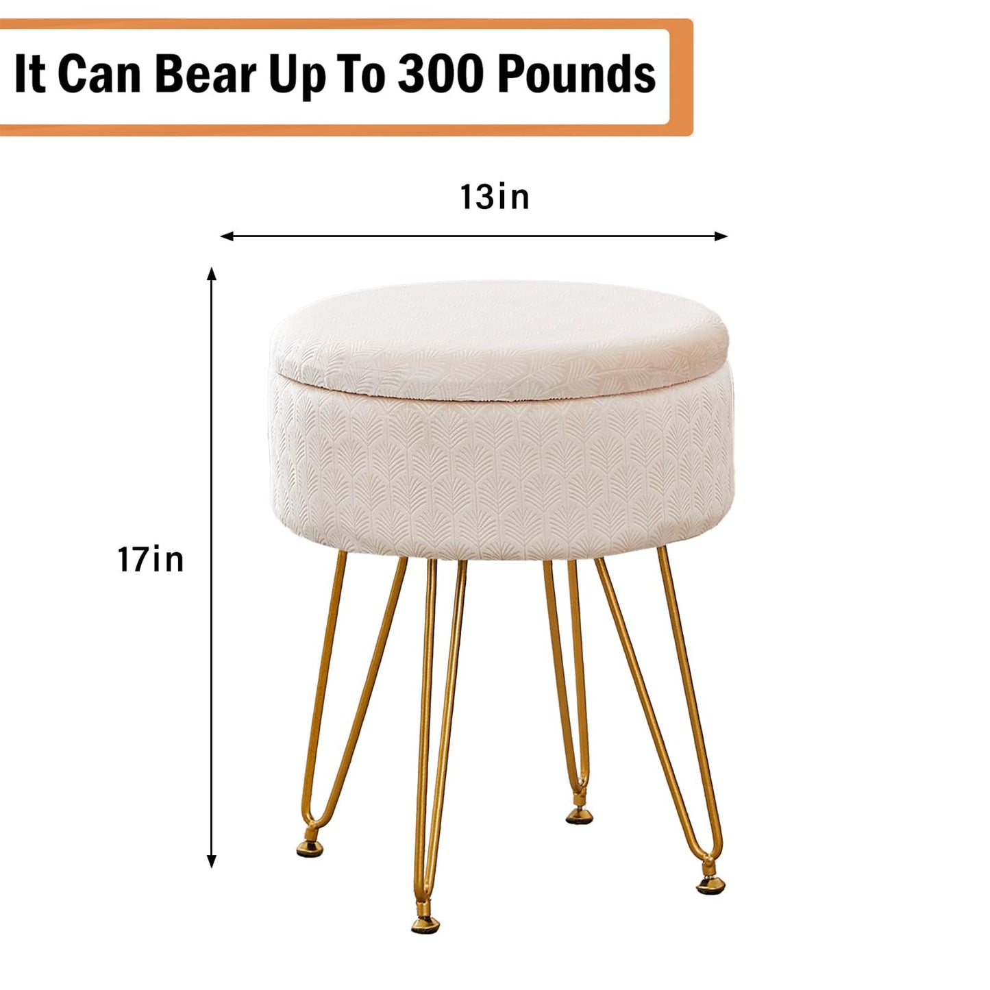 Cpintltr Footrest Footstools Round Velvet Ottoman with Storage Space Soft Vanity Chair with Memory Foam Seat Small Side Table Hallway Step Stool 4 Gold Metal Legs with Adjustable Footings Champagne