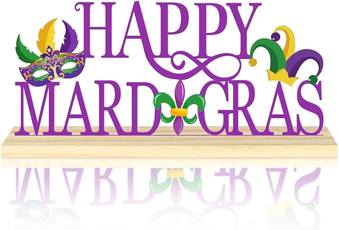 Happy Mardi Gras Metal Table Sign, Mardi Gras Table Decoration Centerpiece, Metal Letter Sign with Wooden Base, Holiday Ta...