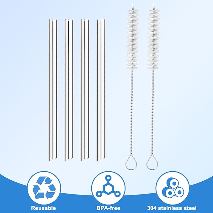4pcs Metal Straws for THERMOS FUNTAINER 12oz Kids Bottle, Reusable 12.7cm/5in Short Stainless Steel Straws with 2pcs Cleaning Brushes for Cocktails Small Glasses and Cups