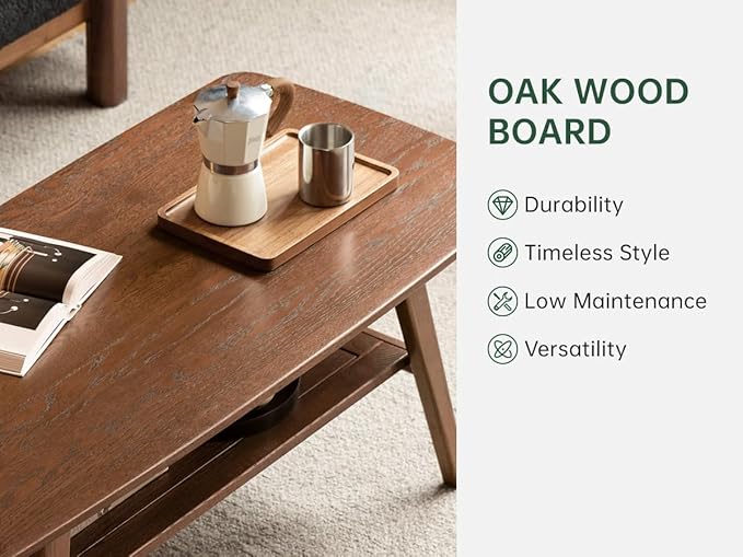 Wayshome 100% Solid Oak Wood Coffee Table with Storage Shelf, 2-Tier Rectangle Coffee Table for Living Room, Modern Center Table for Living Room (Walnut Colour, 47.24" W x22.05 D x 17.32" H)