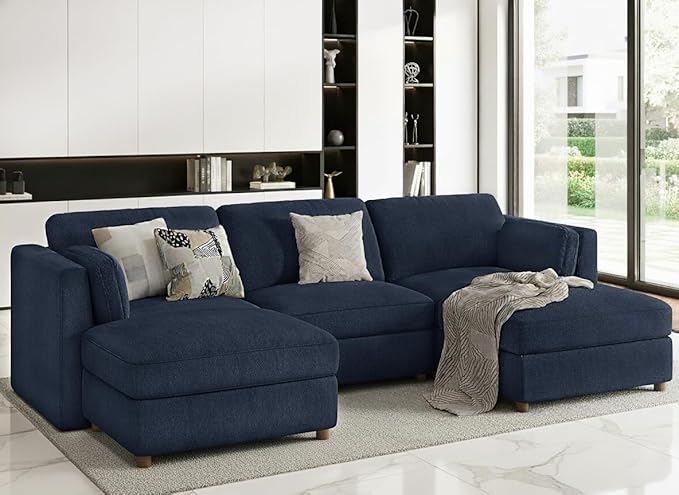 CUGOAO 118'' Modular Sectional Sofa, Oversized U-Shaped Sectional Couch with Ottoman, Deep Seat Chenille Cloud Couch, Mordern Upholstered Couches for Living Room, Apartment, Office, Blue