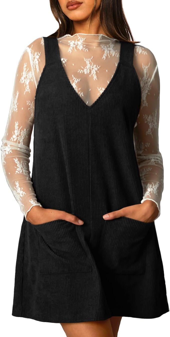 Navneet Corduroy Overall Dress for Women V Neck Sleeveless Pinafore Jumper Mini Dress with Pockets