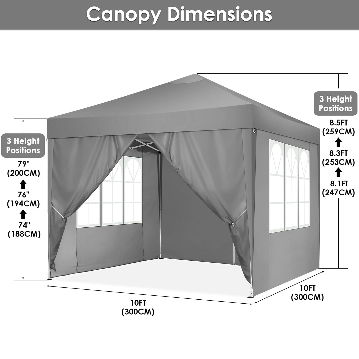 COBIZI Canopy 10x10 Pop Up Canopy Tent with 4 Sidewalls Party Tents for Parties Weddings Backyard Waterproof Canopy Outdoor Commercial Canopy Event Tent with Stakes, Ropes, Grey