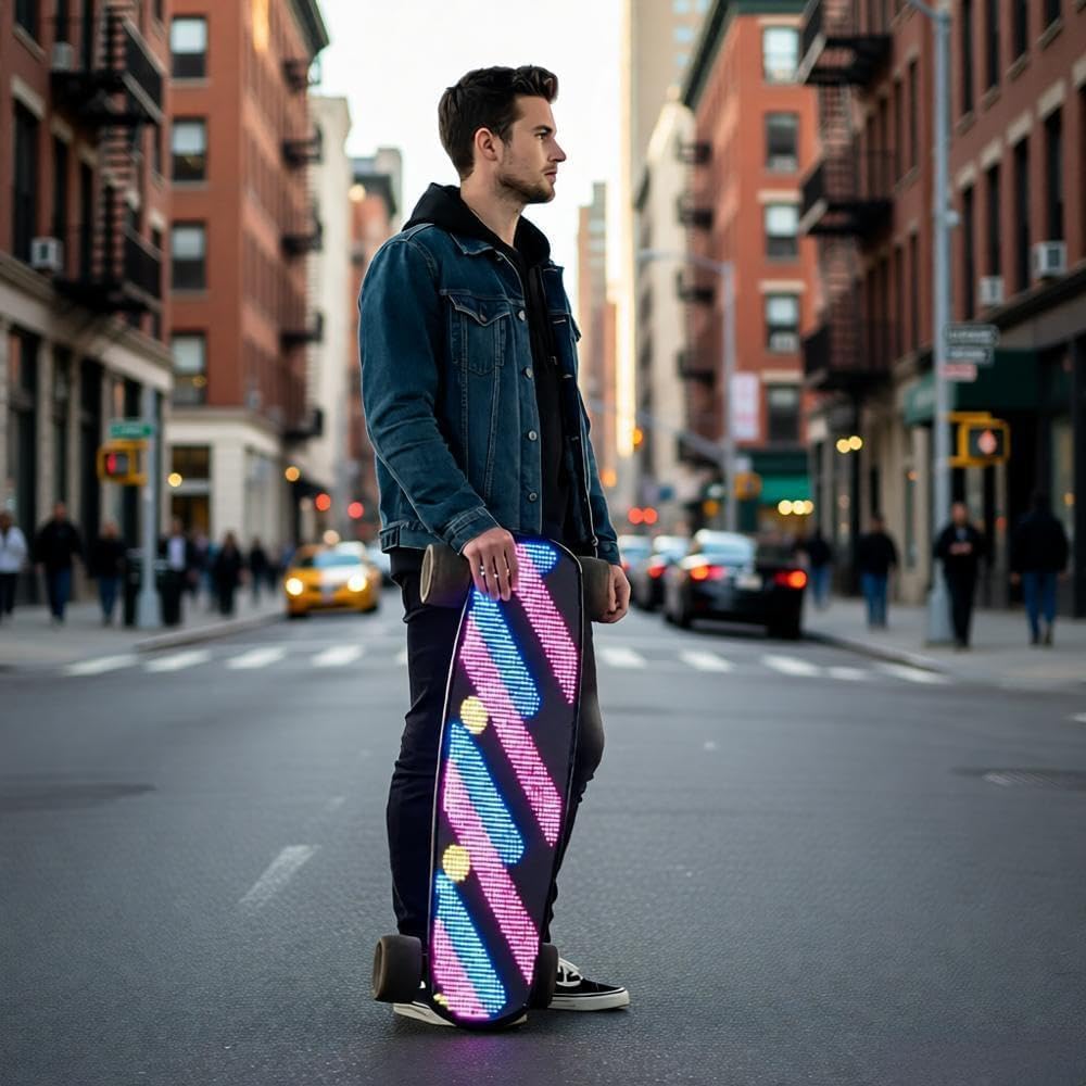 Uditer Pixel mini Electric Skateboards with LED Screen Deck, Supports Image DIY via App. 10S3P 7.8A Removable Battery/ 25 Miles Max Range/28 Mph Top Speed/2*600W for Beginners (Contains 2 batteries)