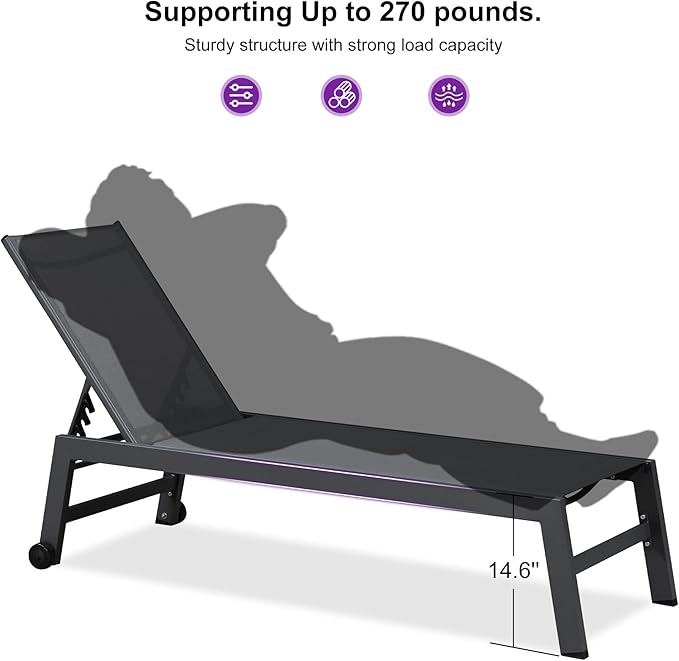 PURPLE LEAF Patio Chaise Lounge Set for 2 Outdoor Chaise Lounge Chair with Aluminum Frame and Easy-to-Move Wheels Pool Lounge Chairs for Deck Yard Poolside Table Included, Charcoal Grey