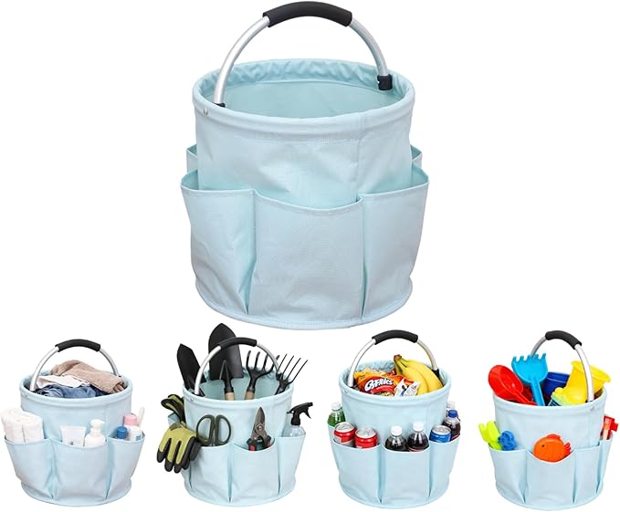 17L Foldable Storage Basket with 6 Side Pockets Cleaning Caddy with Handle Folding Storage Bin for Home Bathroom Camping Gardening (Light Blue)