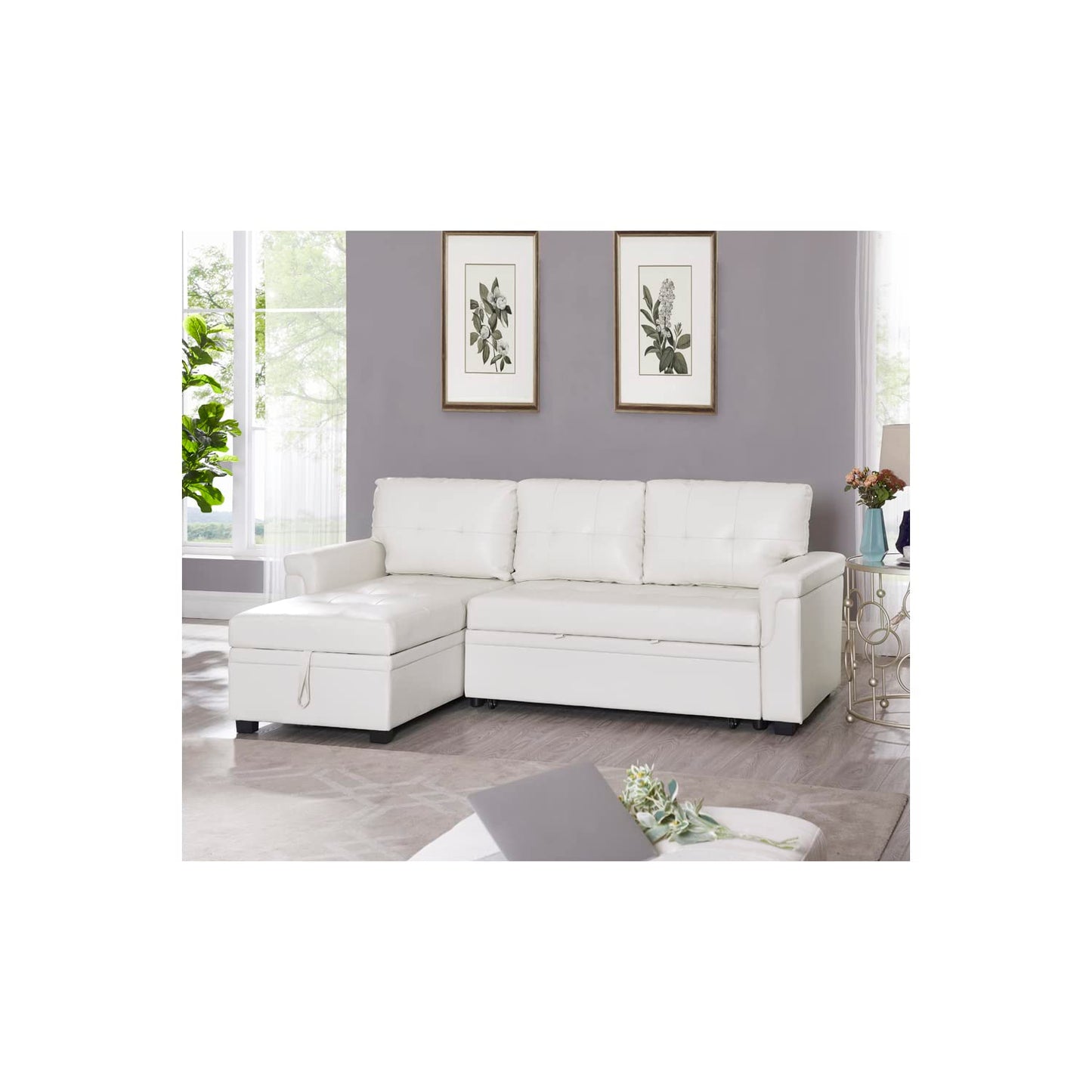 Naomi Home Transform Any Space: Sleeper Sectional Sofa with Convertible Sofa Bed & Inviting Chaise. Find Tranquil Comfort with Stress-Relieving Design & Durable Cushions - White/Air Leather