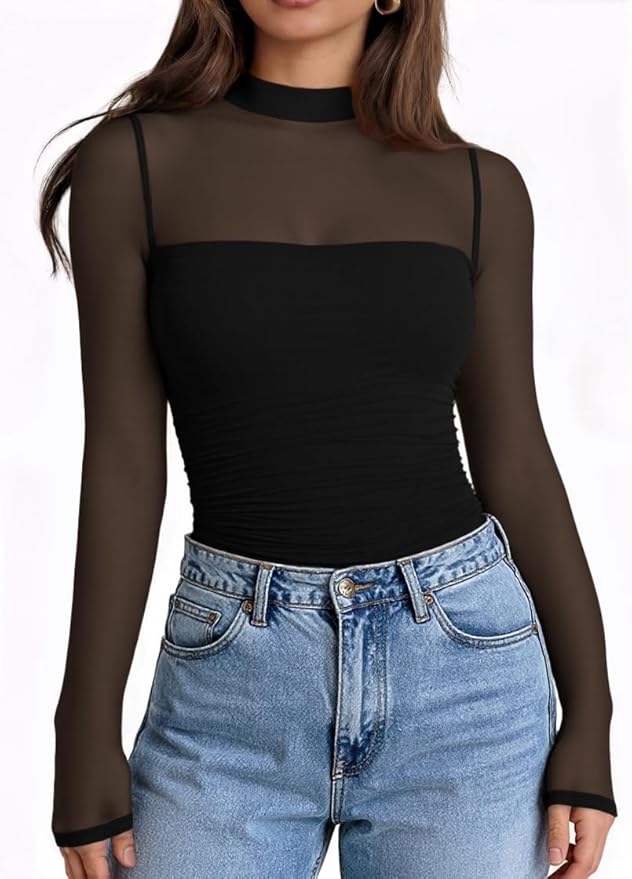 LILLUSORY Womens Long Sleeve Tops Mock Neck See Through Lace Shirts Sheer Going Out Sexy 2026 Fall Fashion Outfits