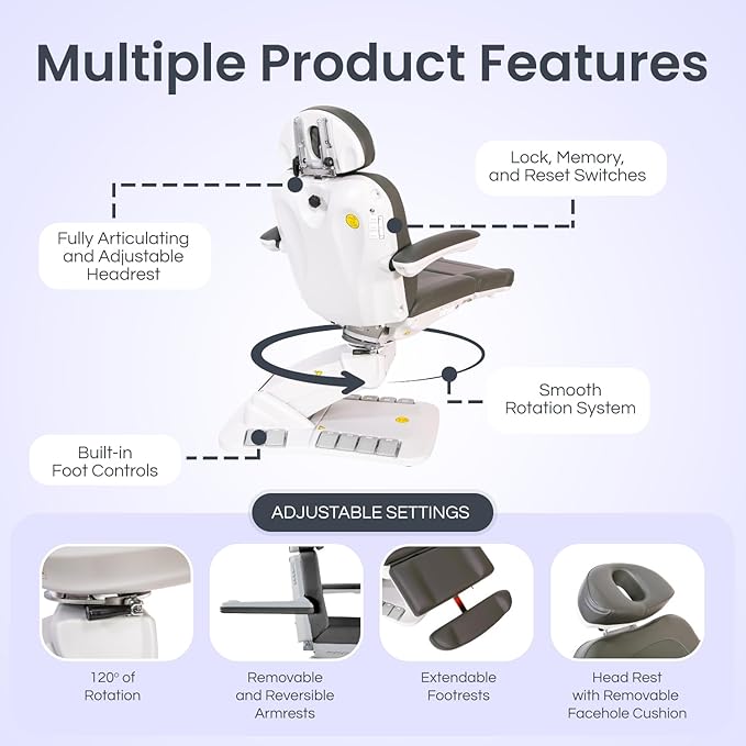 Premium Facial Bed for Esthetician, Electric Med Spa Chair with 120° Rotation, Built-in Foot Controls, Medical-Grade Microfiber, 2-Year Warranty, Memory Functions - 2246EBM, White