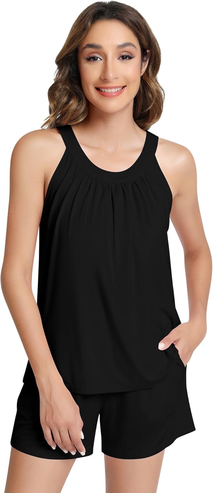 NACHILA Pajamas for Women-Viscose from Bamboo, Ribbed Racerback Tank Top Sexy Split Shorts Pajama Sets Cooling Sleep Cami Pjs