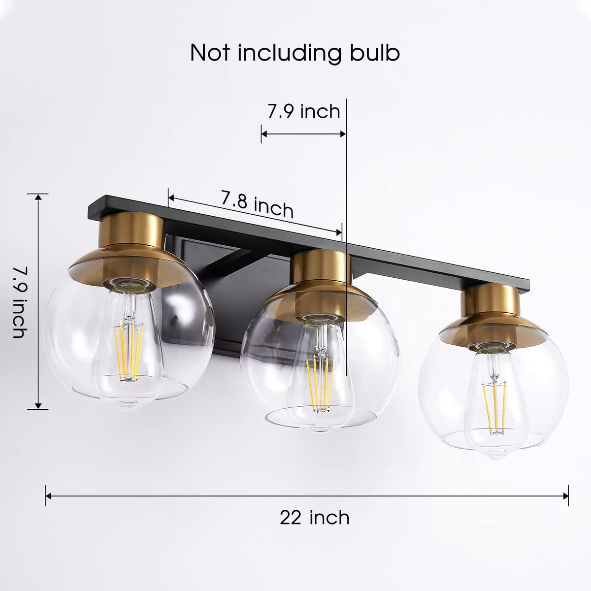 PAZALA 3-Light Bathroom Vanity Lights, Black and Gold Bathroom Light Fixtures Over Mirror with Globe Glass Shade, 22in Modern Wall Sconce for Bathr Mirror Bedroom Hallway, E26 Base(Bulbs Not Included)