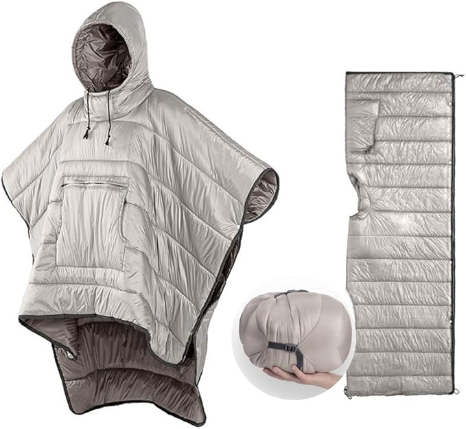 Camp Poncho Sleeping Bag Wearable Hooded Blanket - Envelope Lightweight Thermal Cloak Cape Windproof with Premium Stuff Co...