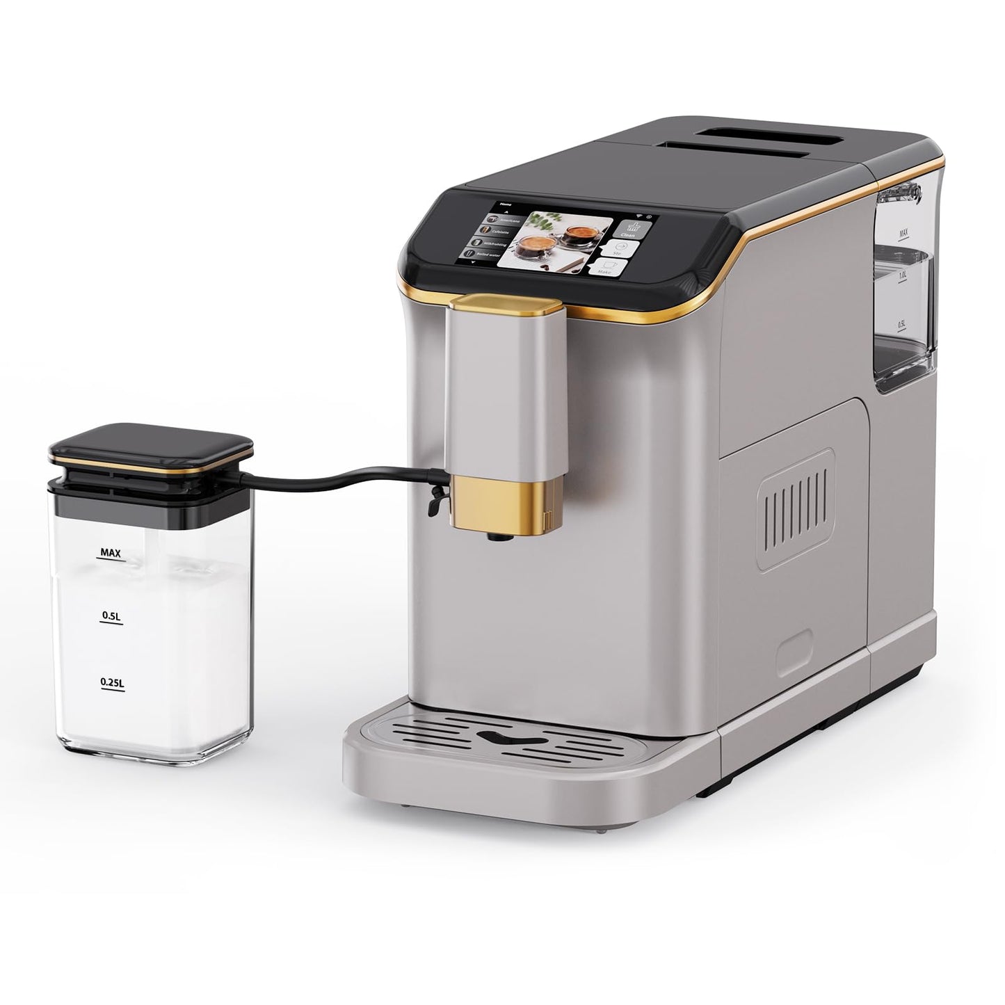 Garveehome Fully Automatic Espresso Coffee Machine with Milk Frother, 20 Bar Pressure, 15 Adjustable Grind Levels, 8 in-1 Coffee Maker with TFT Touchscreen, Removable Water Tank Cappuccino Latte Maker