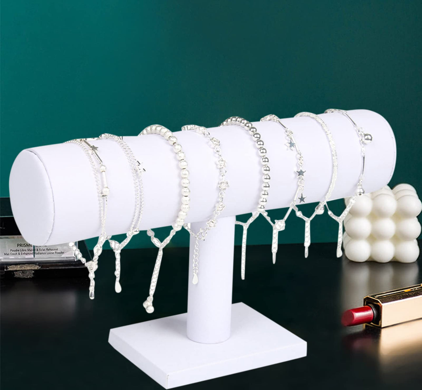 ChezMax Necklace Jewelry Display Jewelry Stand Hovering T-Bar Bracelet Holder for Home Organization, White Leatherette