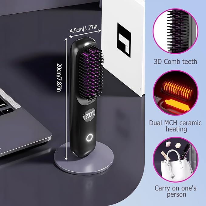 Go Brush Pro, 2026 Upgraded Cordless Hair Straightener Brush, Fast Heating Portable Hair Straightener Comb for Women Travel Essentials 3 Adjustable Temperature (Black)