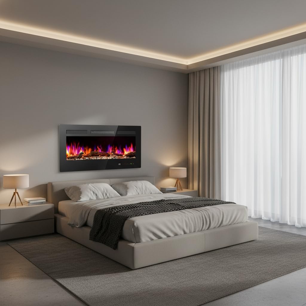 36" Electric Fireplace Insert, 1500W Wall Mounted & Recessed Fireplace Heater with Remote & Touch Screen, Adjustable Flame Color & Brightness, 12H Timer, Low Noise Electric Fireplace for Indoor Use