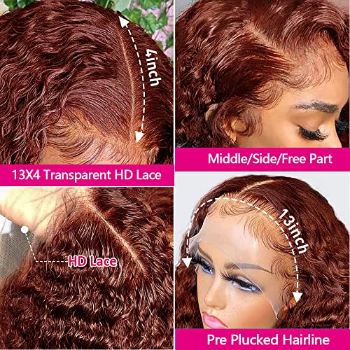 Siyun Show 13x4 Reddish Brown Deep Wave Lace Front Wigs Human Hair Wigs for Black Women 26 Inch Copper Red Deep Wave Lace Frontal Wig Pre Plucked 180% Density Auburn Wig With Baby Hair