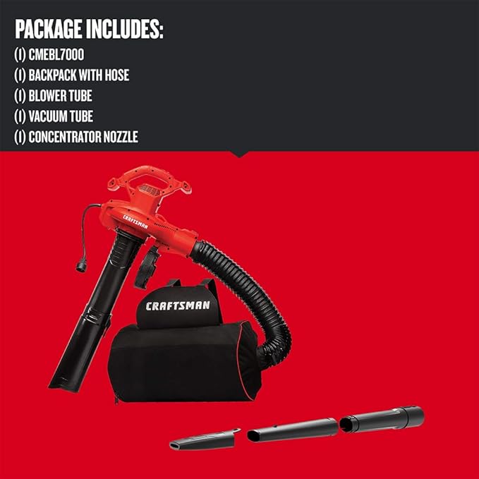 CRAFTSMAN 3-in-1 Leaf Blower, Vacuum and Mulcher, Backpack Blower Up to 260 MPH, 12 Amp, Corded Electric Leaf Collector (CMEBL7000)