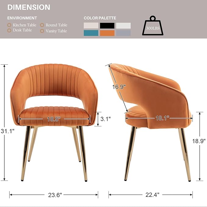 COMULER Orange Velvet Dining Chairs Gold Legs, Modern Dining Room Chairs with Arms Set of 6 Upholstered Accent Chair Armchair with Barrel Back for Kitchen Living Room