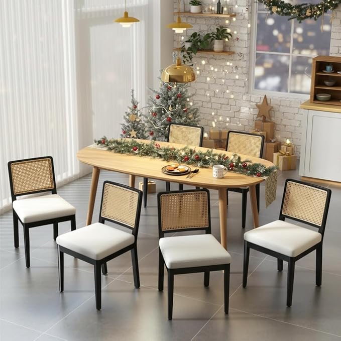 LukeAlon Set of 6 Farmhouse Dining Chairs - Mid Century Modern with Woven Cane Back, Soft Linen Upholstered Seat, Solid Wood Legs for Kitchen, Dining Room & Breakfast Nook, Beige