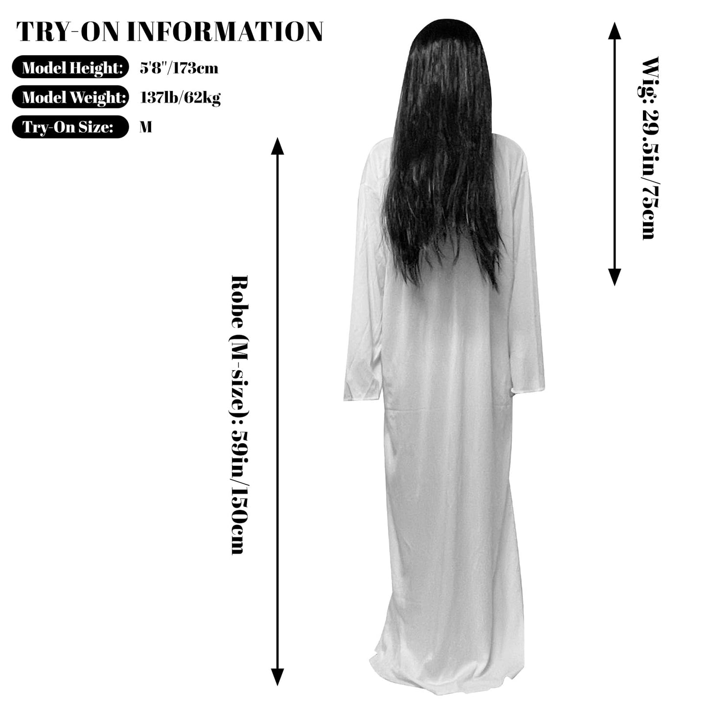 DECEED 2 PCS Halloween Ghost Costume for Adult, White Robe Black Wig Set, The Ring Samara Cosplay Costume Dress Up Party Outfit (L)