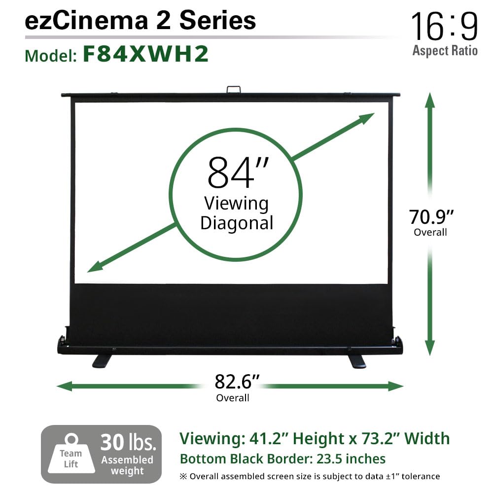 Elite Screens ezCinema 2 Projector Screen, Aluminum, Black | 84-inch 16:9, Manual Floor Pull Up Scissor Backed Portable Home Office Classroom Front Projection + Carrying Bag |2-Year Warranty, F84XWH2