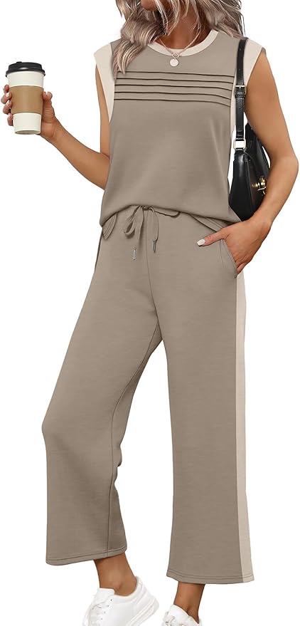 WIHOLL 2 Piece Sets for Women Summer Lounge Sets Travel Vacation Outfits Cap Sleeve Sweatsuit Side Slit Wide Leg Pants S-3XL